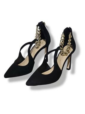 Antonio Melani Tiaa Black Suede Gold Chain Ankle Pumps Heels Size 8.5